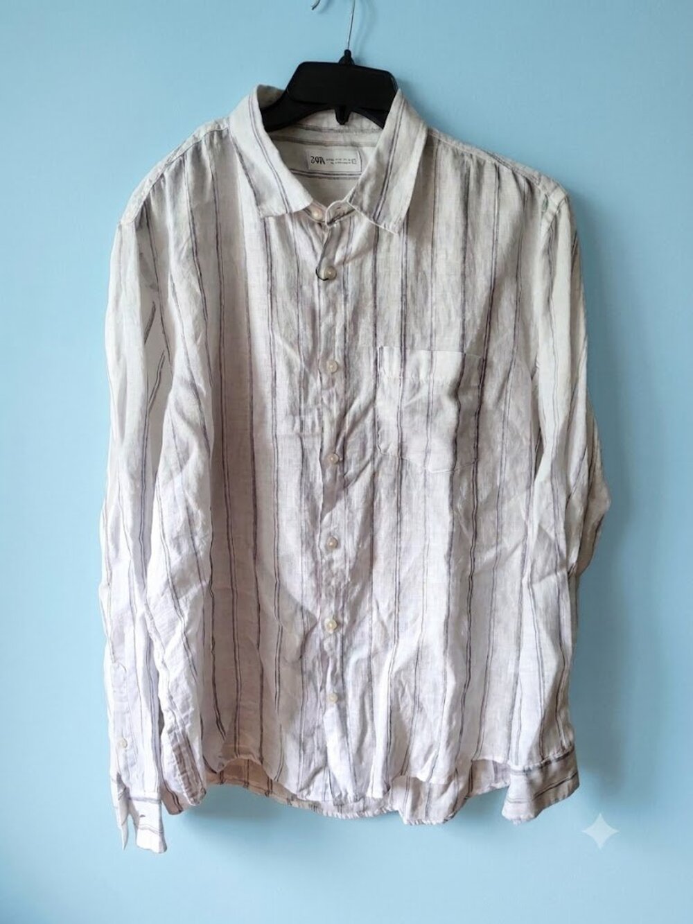 New Mens ZARA Size XL Color White Striped 100% Linen Long Sleeve Shirt